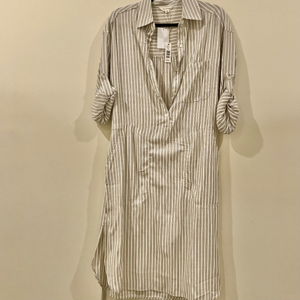 MAX STUDIO Olive Striped Maxi Shirt Dress with Pockets NWT